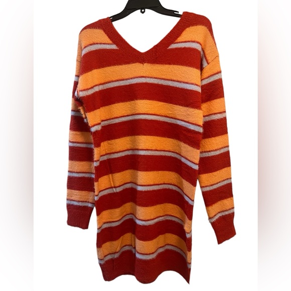 NWT Davi & Dani Red Orange Gray Stripe V Neck Long Sleeve Knit Sweater DRESS - Picture 1 of 9